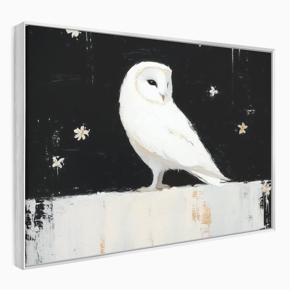Leinwand Wandkunst Leinwand Wandkunst Premium, LuxCanva® M1080, Weiß Herz der Nacht, Reinheit, Weisheit, Weiß, Schwarz, Nacht, Kontrast, Vögel, Eule, Flügel, Blumen, Blütenblätter, Büro, Wohnen, Babyzimmer