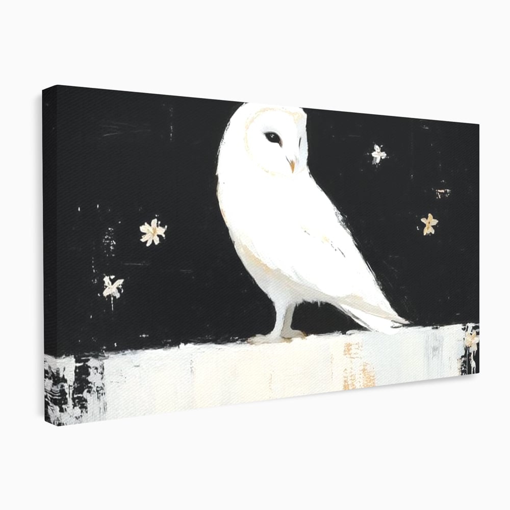Leinwand Wandkunst Leinwand Wandkunst Premium, LuxCanva® M1080, Weiß Herz der Nacht, Reinheit, Weisheit, Weiß, Schwarz, Nacht, Kontrast, Vögel, Eule, Flügel, Blumen, Blütenblätter, Büro, Wohnen, Babyzimmer