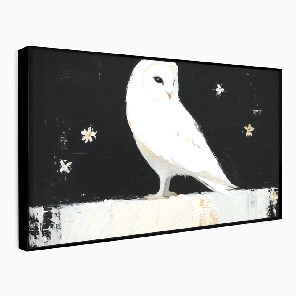 Leinwand Wandkunst Leinwand Wandkunst Premium, LuxCanva® M1080, Weiß Herz der Nacht, Reinheit, Weisheit, Weiß, Schwarz, Nacht, Kontrast, Vögel, Eule, Flügel, Blumen, Blütenblätter, Büro, Wohnen, Babyzimmer