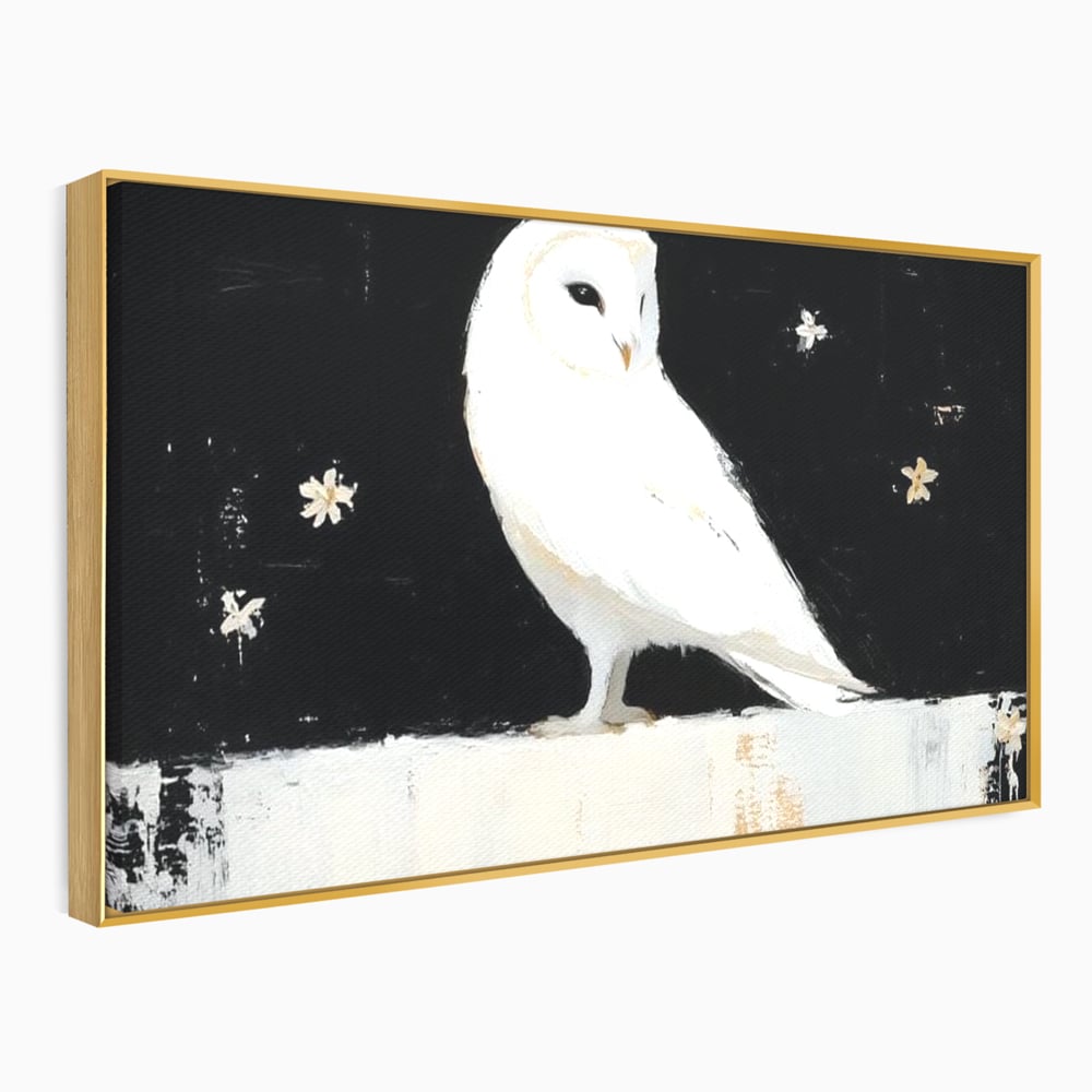 Leinwand Wandkunst Leinwand Wandkunst Premium, LuxCanva® M1080, Weiß Herz der Nacht, Reinheit, Weisheit, Weiß, Schwarz, Nacht, Kontrast, Vögel, Eule, Flügel, Blumen, Blütenblätter, Büro, Wohnen, Babyzimmer