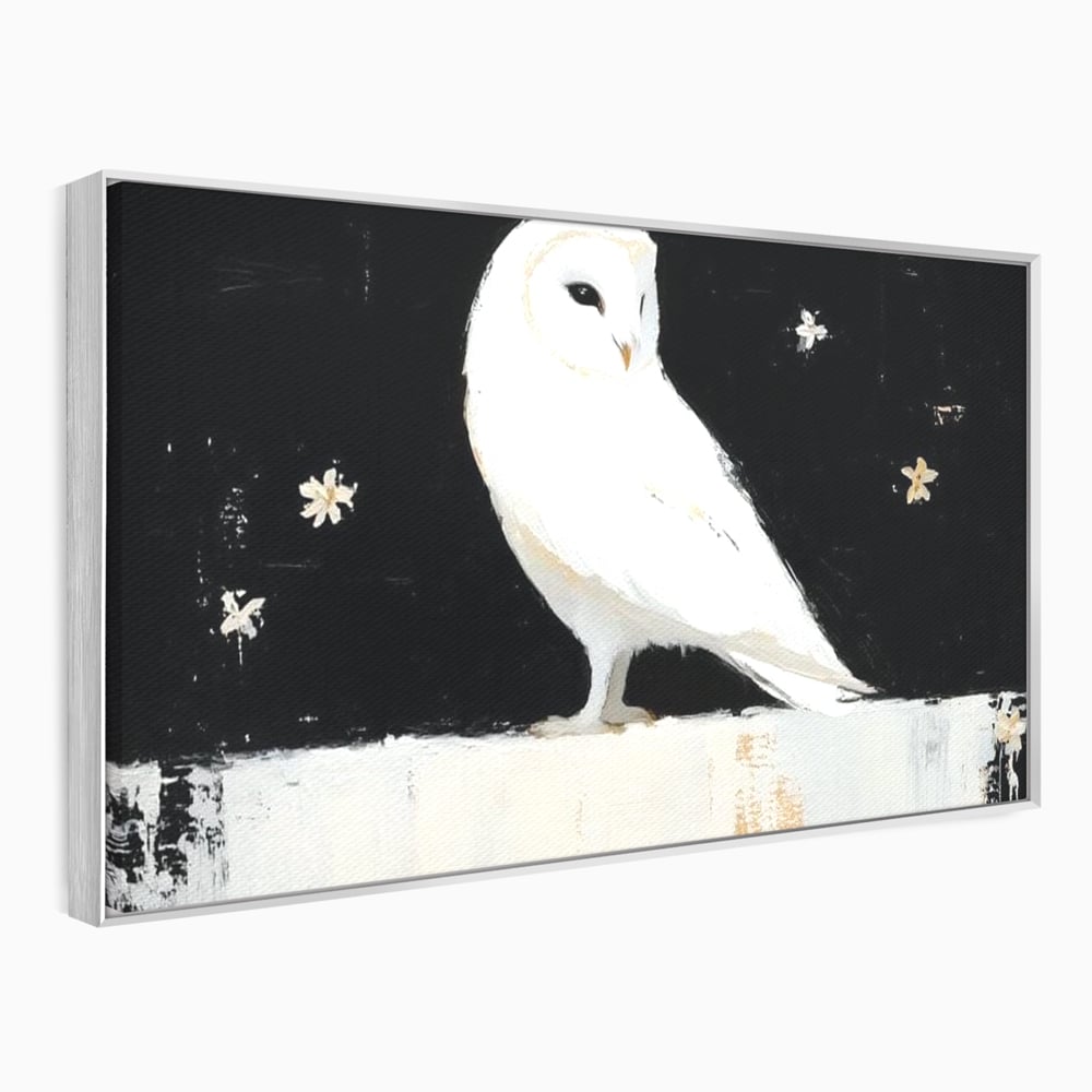 Leinwand Wandkunst Leinwand Wandkunst Premium, LuxCanva® M1080, Weiß Herz der Nacht, Reinheit, Weisheit, Weiß, Schwarz, Nacht, Kontrast, Vögel, Eule, Flügel, Blumen, Blütenblätter, Büro, Wohnen, Babyzimmer