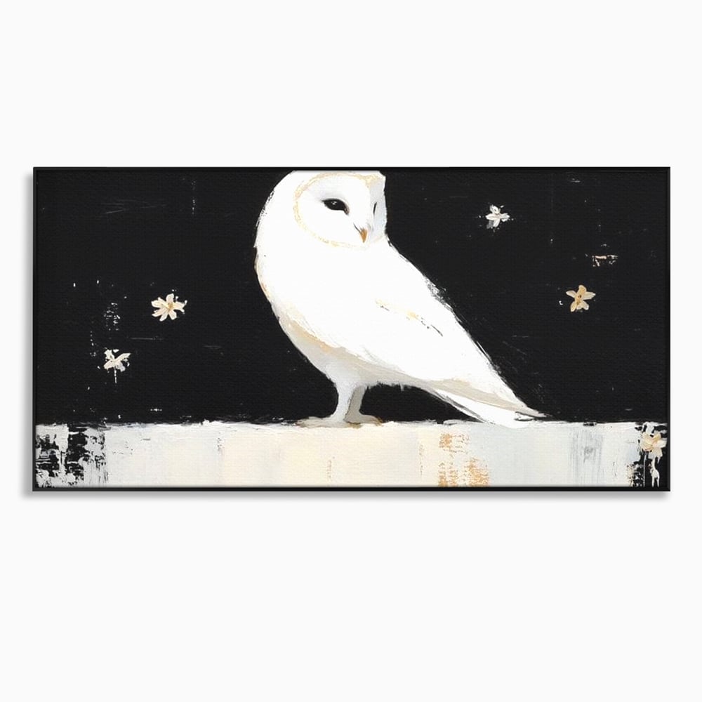 Leinwand Wandkunst Leinwand Wandkunst Premium, LuxCanva® M1080, Weiß Herz der Nacht, Reinheit, Weisheit, Weiß, Schwarz, Nacht, Kontrast, Vögel, Eule, Flügel, Blumen, Blütenblätter, Büro, Wohnen, Babyzimmer