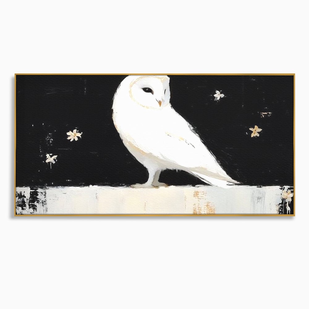 Leinwand Wandkunst Leinwand Wandkunst Premium, LuxCanva® M1080, Weiß Herz der Nacht, Reinheit, Weisheit, Weiß, Schwarz, Nacht, Kontrast, Vögel, Eule, Flügel, Blumen, Blütenblätter, Büro, Wohnen, Babyzimmer