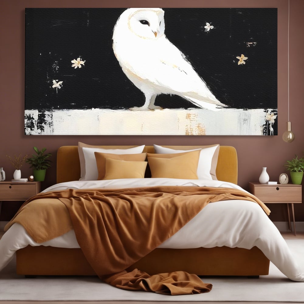 Leinwand Wandkunst Leinwand Wandkunst Premium, LuxCanva® M1080, Weiß Herz der Nacht, Reinheit, Weisheit, Weiß, Schwarz, Nacht, Kontrast, Vögel, Eule, Flügel, Blumen, Blütenblätter, Büro, Wohnen, Babyzimmer