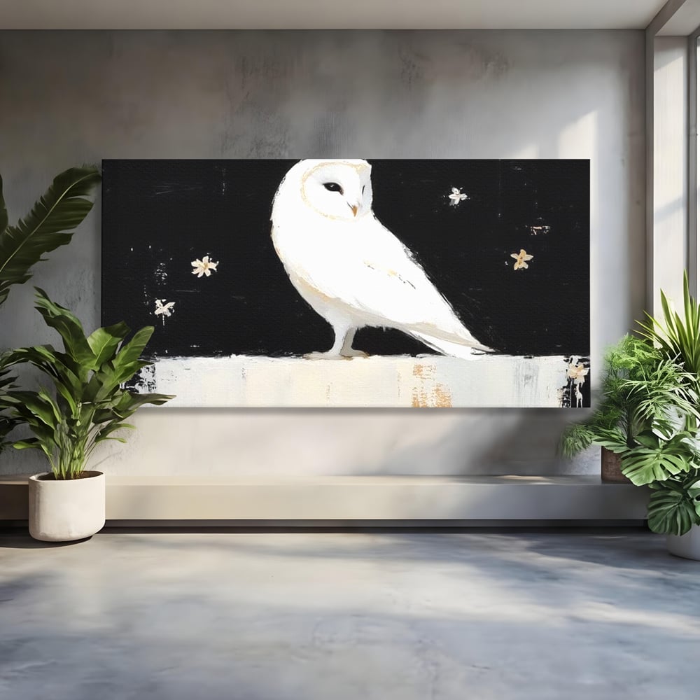 Leinwand Wandkunst Leinwand Wandkunst Premium, LuxCanva® M1080, Weiß Herz der Nacht, Reinheit, Weisheit, Weiß, Schwarz, Nacht, Kontrast, Vögel, Eule, Flügel, Blumen, Blütenblätter, Büro, Wohnen, Babyzimmer