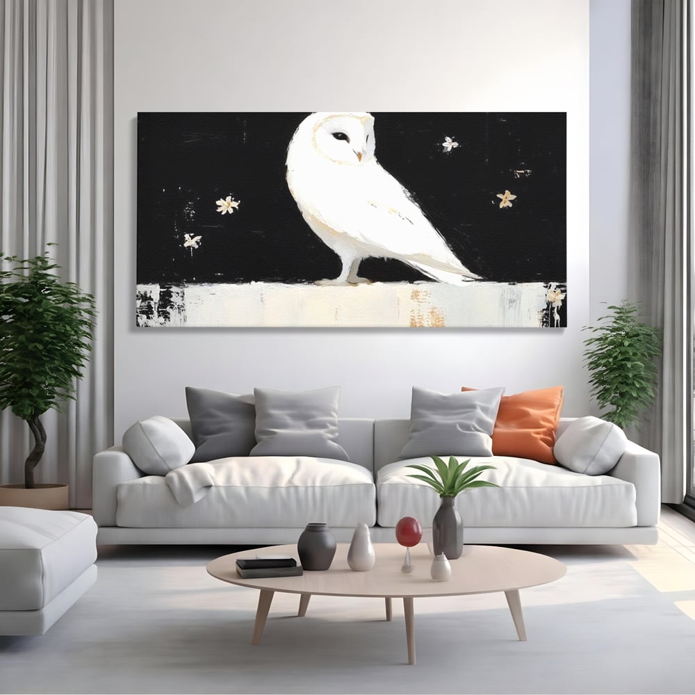 Leinwand Wandkunst Leinwand Wandkunst Premium, LuxCanva® M1080, Weiß Herz der Nacht, Reinheit, Weisheit, Weiß, Schwarz, Nacht, Kontrast, Vögel, Eule, Flügel, Blumen, Blütenblätter, Büro, Wohnen, Babyzimmer
