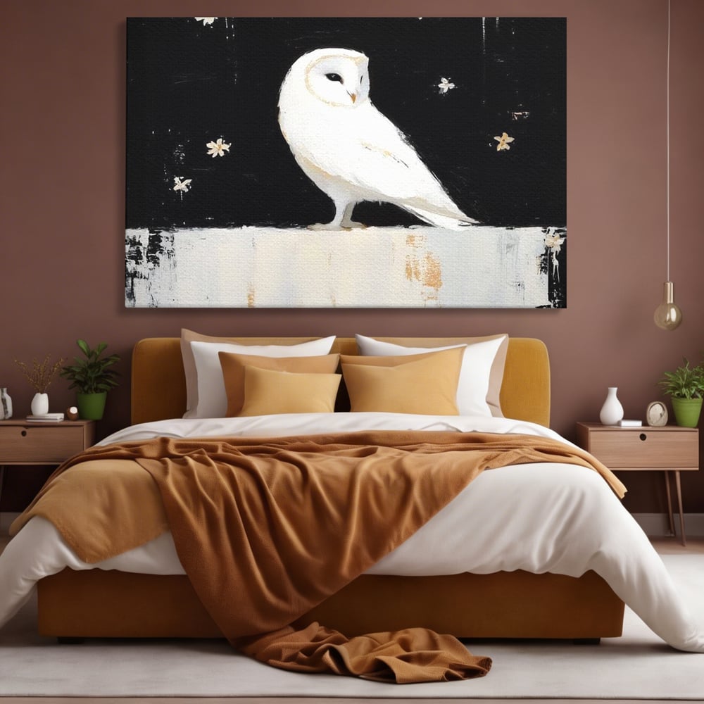 Leinwand Wandkunst Leinwand Wandkunst Premium, LuxCanva® M1080, Weiß Herz der Nacht, Reinheit, Weisheit, Weiß, Schwarz, Nacht, Kontrast, Vögel, Eule, Flügel, Blumen, Blütenblätter, Büro, Wohnen, Babyzimmer