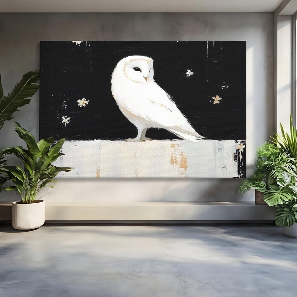 Leinwand Wandkunst Leinwand Wandkunst Premium, LuxCanva® M1080, Weiß Herz der Nacht, Reinheit, Weisheit, Weiß, Schwarz, Nacht, Kontrast, Vögel, Eule, Flügel, Blumen, Blütenblätter, Büro, Wohnen, Babyzimmer