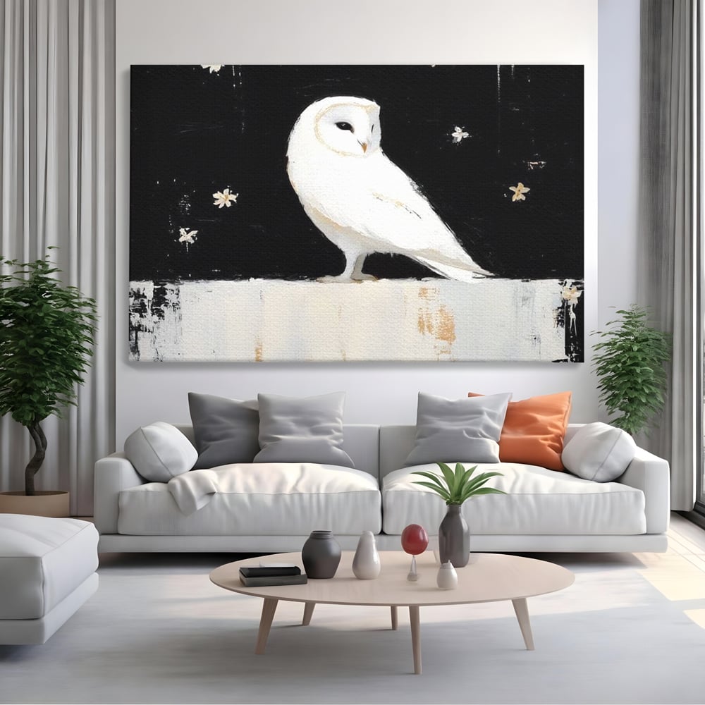 Leinwand Wandkunst Leinwand Wandkunst Premium, LuxCanva® M1080, Weiß Herz der Nacht, Reinheit, Weisheit, Weiß, Schwarz, Nacht, Kontrast, Vögel, Eule, Flügel, Blumen, Blütenblätter, Büro, Wohnen, Babyzimmer