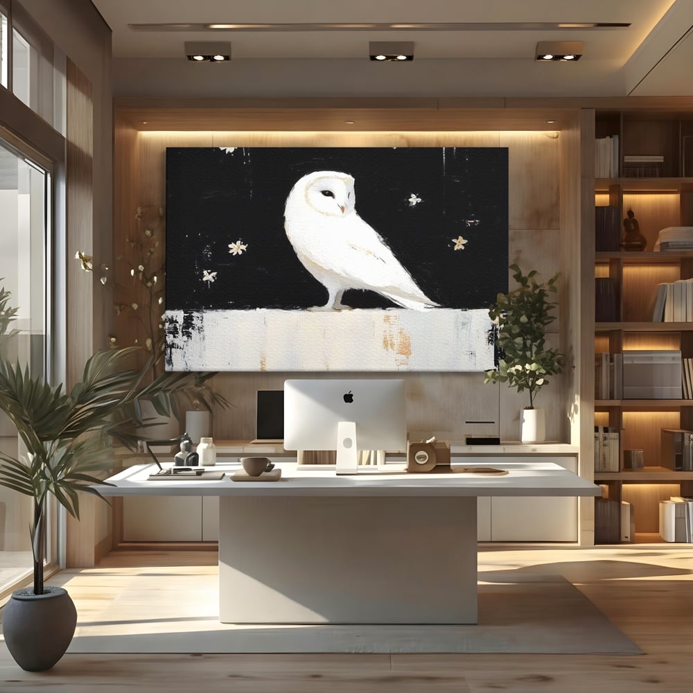 Leinwand Wandkunst Leinwand Wandkunst Premium, LuxCanva® M1080, Weiß Herz der Nacht, Reinheit, Weisheit, Weiß, Schwarz, Nacht, Kontrast, Vögel, Eule, Flügel, Blumen, Blütenblätter, Büro, Wohnen, Babyzimmer