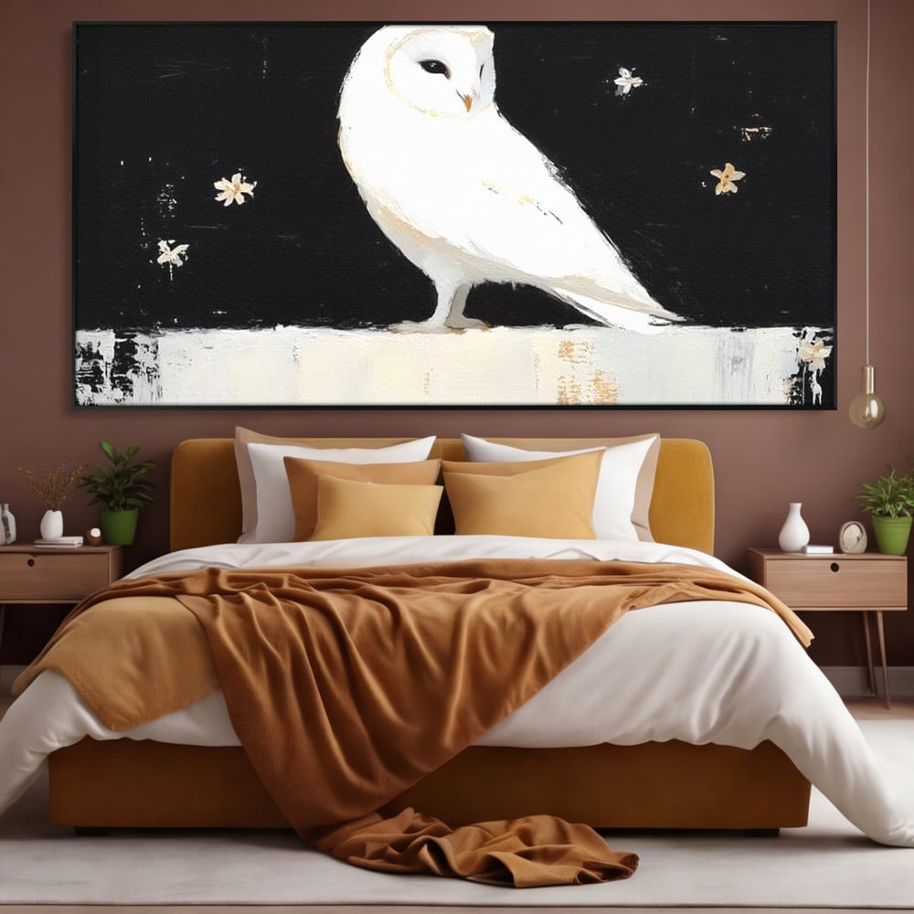 Leinwand Wandkunst Leinwand Wandkunst Premium, LuxCanva® M1080, Weiß Herz der Nacht, Reinheit, Weisheit, Weiß, Schwarz, Nacht, Kontrast, Vögel, Eule, Flügel, Blumen, Blütenblätter, Büro, Wohnen, Babyzimmer