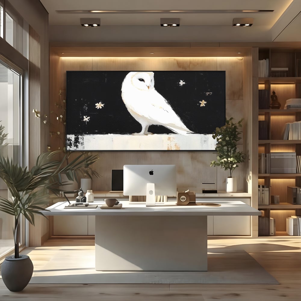 Leinwand Wandkunst Leinwand Wandkunst Premium, LuxCanva® M1080, Weiß Herz der Nacht, Reinheit, Weisheit, Weiß, Schwarz, Nacht, Kontrast, Vögel, Eule, Flügel, Blumen, Blütenblätter, Büro, Wohnen, Babyzimmer