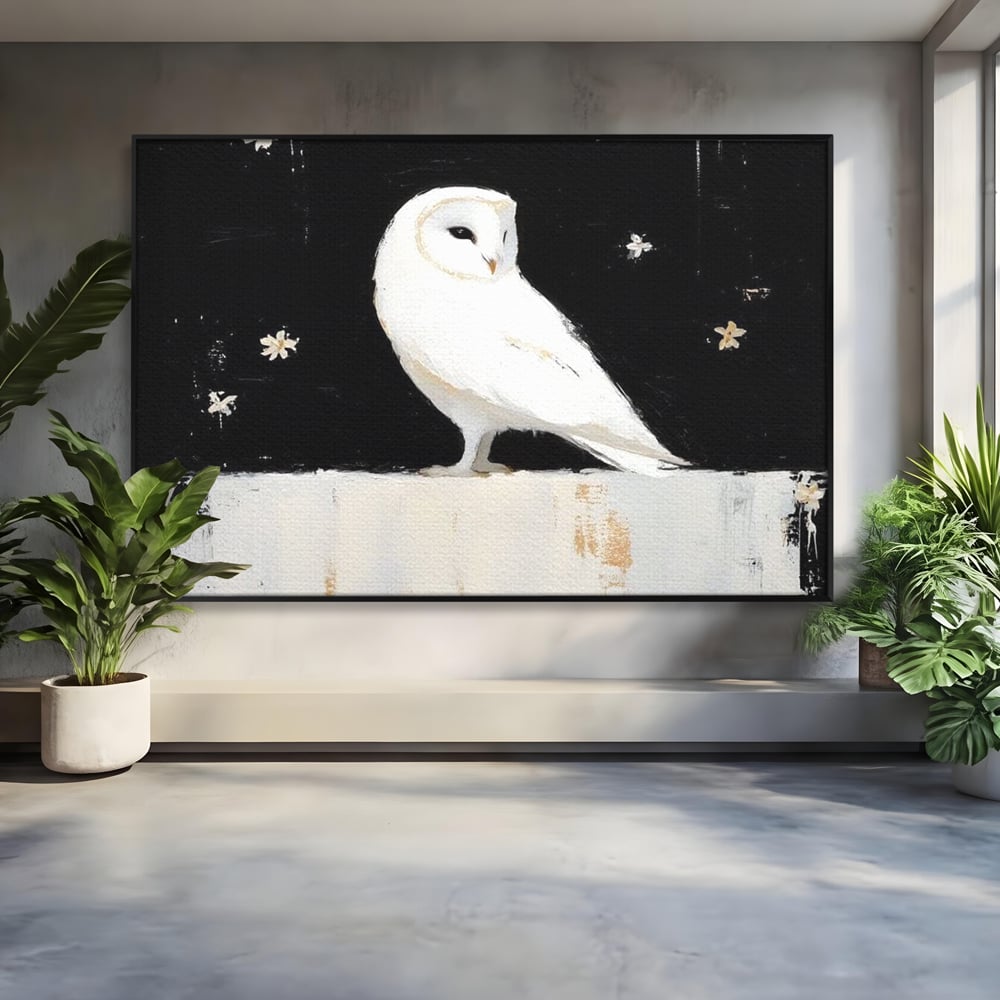 Leinwand Wandkunst Leinwand Wandkunst Premium, LuxCanva® M1080, Weiß Herz der Nacht, Reinheit, Weisheit, Weiß, Schwarz, Nacht, Kontrast, Vögel, Eule, Flügel, Blumen, Blütenblätter, Büro, Wohnen, Babyzimmer