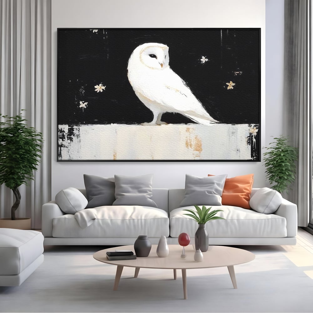 Leinwand Wandkunst Leinwand Wandkunst Premium, LuxCanva® M1080, Weiß Herz der Nacht, Reinheit, Weisheit, Weiß, Schwarz, Nacht, Kontrast, Vögel, Eule, Flügel, Blumen, Blütenblätter, Büro, Wohnen, Babyzimmer