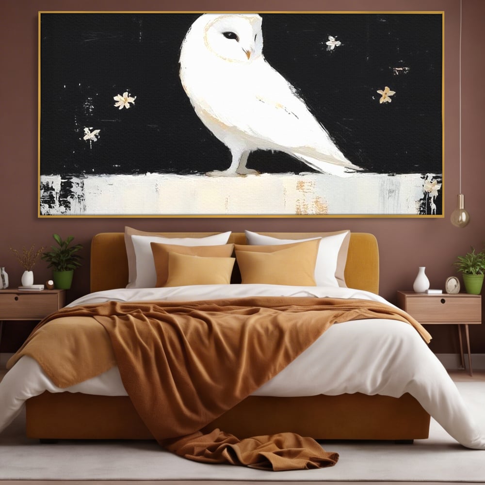 Leinwand Wandkunst Leinwand Wandkunst Premium, LuxCanva® M1080, Weiß Herz der Nacht, Reinheit, Weisheit, Weiß, Schwarz, Nacht, Kontrast, Vögel, Eule, Flügel, Blumen, Blütenblätter, Büro, Wohnen, Babyzimmer