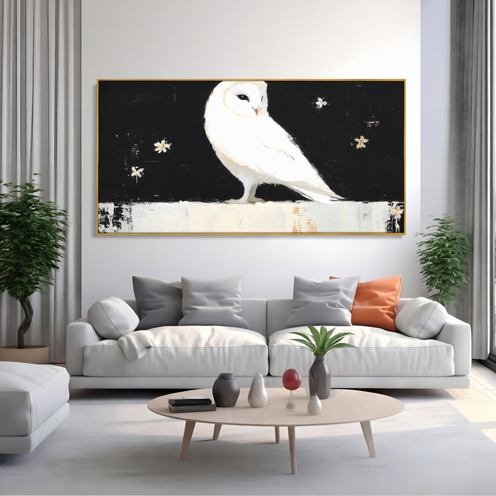 Leinwand Wandkunst Leinwand Wandkunst Premium, LuxCanva® M1080, Weiß Herz der Nacht, Reinheit, Weisheit, Weiß, Schwarz, Nacht, Kontrast, Vögel, Eule, Flügel, Blumen, Blütenblätter, Büro, Wohnen, Babyzimmer