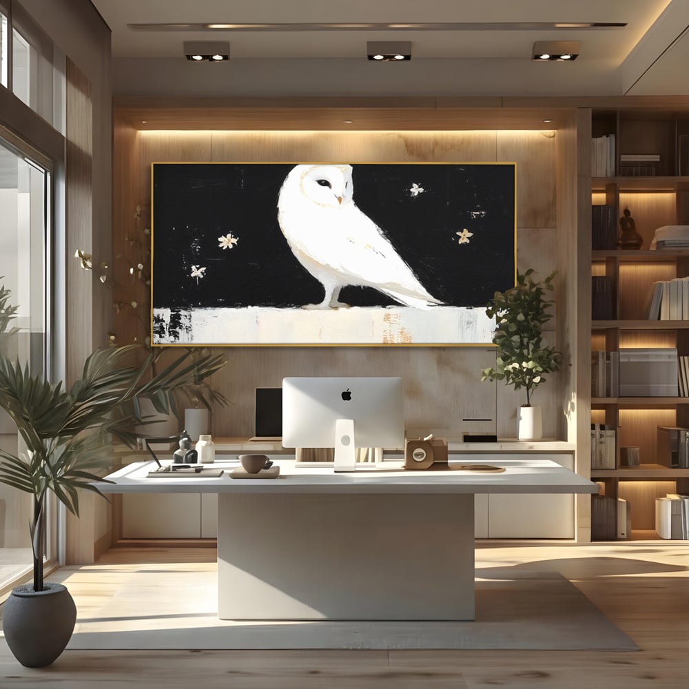 Leinwand Wandkunst Leinwand Wandkunst Premium, LuxCanva® M1080, Weiß Herz der Nacht, Reinheit, Weisheit, Weiß, Schwarz, Nacht, Kontrast, Vögel, Eule, Flügel, Blumen, Blütenblätter, Büro, Wohnen, Babyzimmer