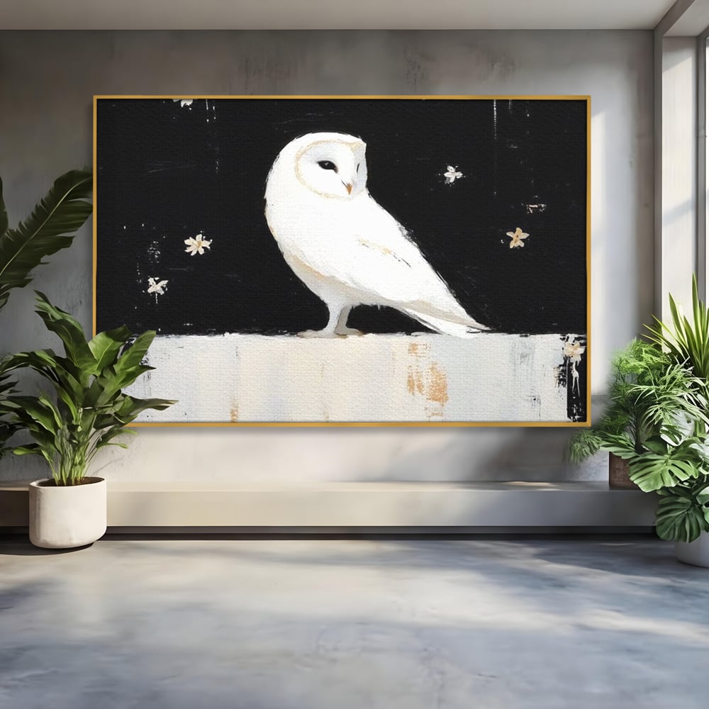Leinwand Wandkunst Leinwand Wandkunst Premium, LuxCanva® M1080, Weiß Herz der Nacht, Reinheit, Weisheit, Weiß, Schwarz, Nacht, Kontrast, Vögel, Eule, Flügel, Blumen, Blütenblätter, Büro, Wohnen, Babyzimmer