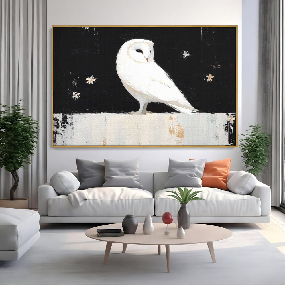 Leinwand Wandkunst Leinwand Wandkunst Premium, LuxCanva® M1080, Weiß Herz der Nacht, Reinheit, Weisheit, Weiß, Schwarz, Nacht, Kontrast, Vögel, Eule, Flügel, Blumen, Blütenblätter, Büro, Wohnen, Babyzimmer