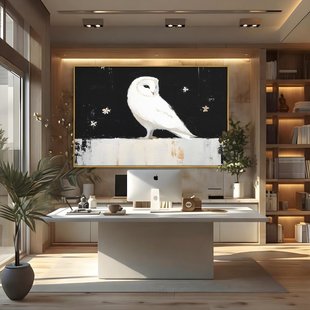 Leinwand Wandkunst Leinwand Wandkunst Premium, LuxCanva® M1080, Weiß Herz der Nacht, Reinheit, Weisheit, Weiß, Schwarz, Nacht, Kontrast, Vögel, Eule, Flügel, Blumen, Blütenblätter, Büro, Wohnen, Babyzimmer