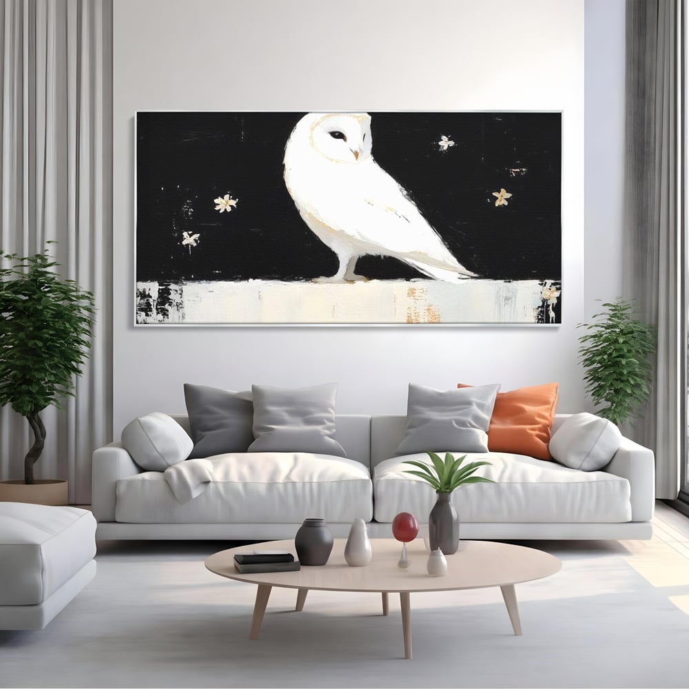 Leinwand Wandkunst Leinwand Wandkunst Premium, LuxCanva® M1080, Weiß Herz der Nacht, Reinheit, Weisheit, Weiß, Schwarz, Nacht, Kontrast, Vögel, Eule, Flügel, Blumen, Blütenblätter, Büro, Wohnen, Babyzimmer