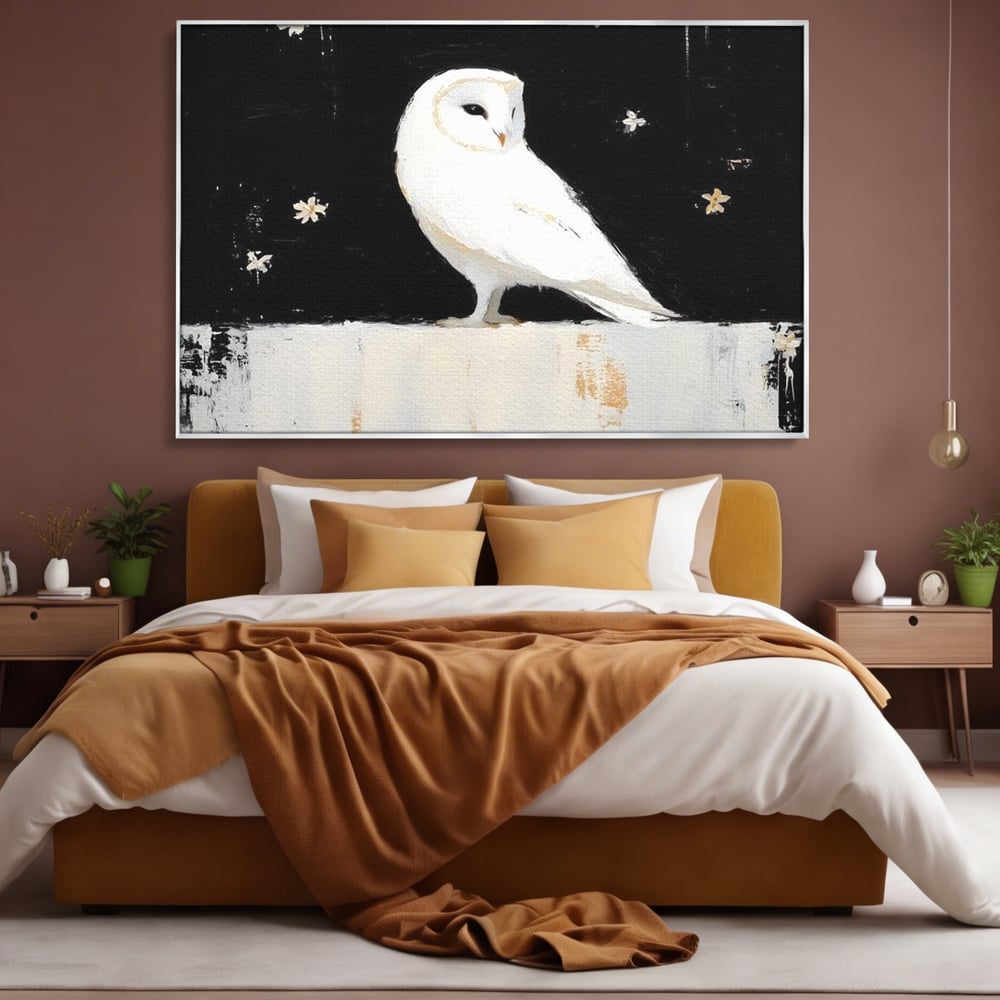Leinwand Wandkunst Leinwand Wandkunst Premium, LuxCanva® M1080, Weiß Herz der Nacht, Reinheit, Weisheit, Weiß, Schwarz, Nacht, Kontrast, Vögel, Eule, Flügel, Blumen, Blütenblätter, Büro, Wohnen, Babyzimmer