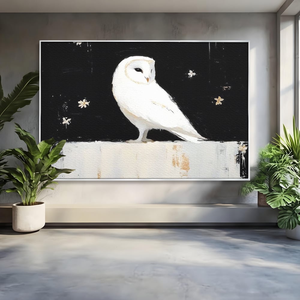 Leinwand Wandkunst Leinwand Wandkunst Premium, LuxCanva® M1080, Weiß Herz der Nacht, Reinheit, Weisheit, Weiß, Schwarz, Nacht, Kontrast, Vögel, Eule, Flügel, Blumen, Blütenblätter, Büro, Wohnen, Babyzimmer