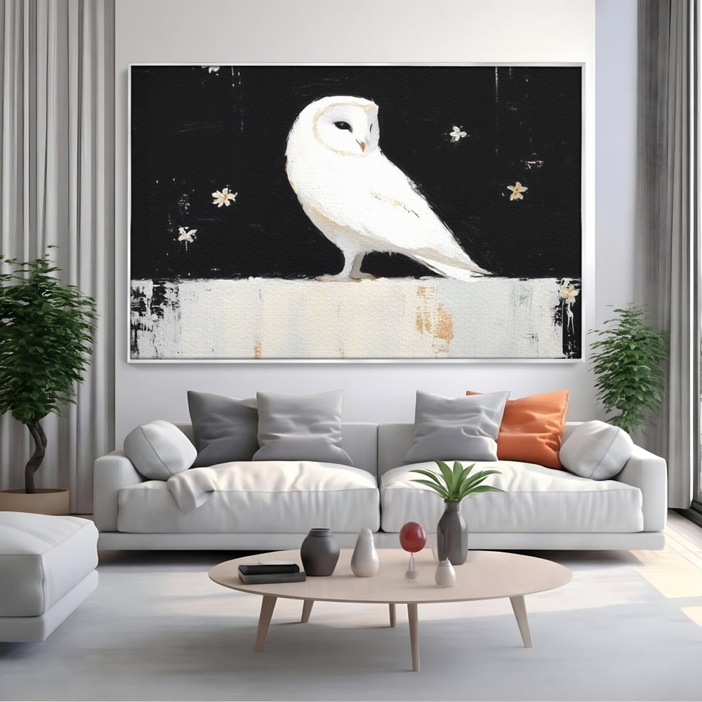 Leinwand Wandkunst Leinwand Wandkunst Premium, LuxCanva® M1080, Weiß Herz der Nacht, Reinheit, Weisheit, Weiß, Schwarz, Nacht, Kontrast, Vögel, Eule, Flügel, Blumen, Blütenblätter, Büro, Wohnen, Babyzimmer