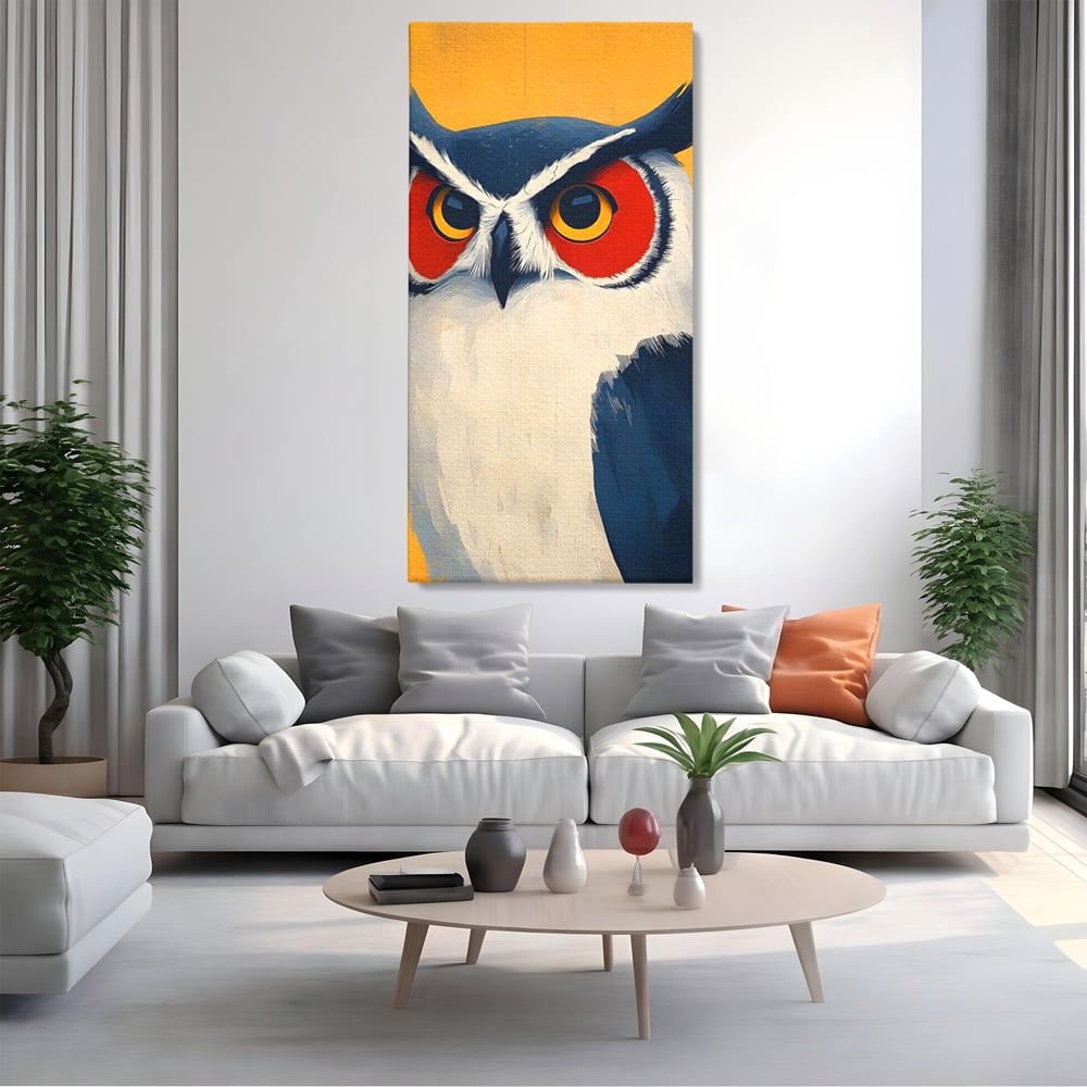 Tablou Canvas Premium, LuxCanva® M1081, Profet in Mantie Albastra, Ochi, Privire, Portret, Bufnita, Pasare, Albastru, Mantie, Nocturn, Regal, Calm, Birou, Living, Camera Copil