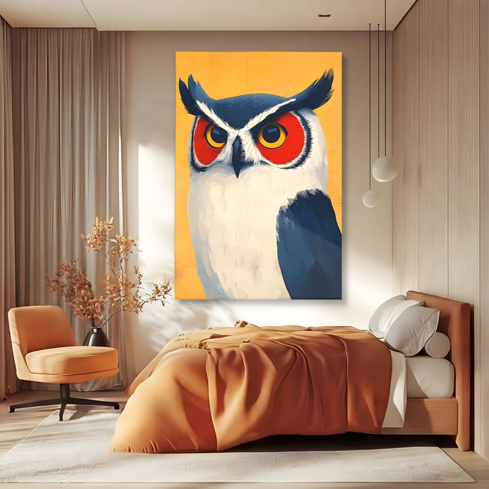 Tablou Canvas Premium, LuxCanva® M1081, Profet in Mantie Albastra, Ochi, Privire, Portret, Bufnita, Pasare, Albastru, Mantie, Nocturn, Regal, Calm, Birou, Living, Camera Copil