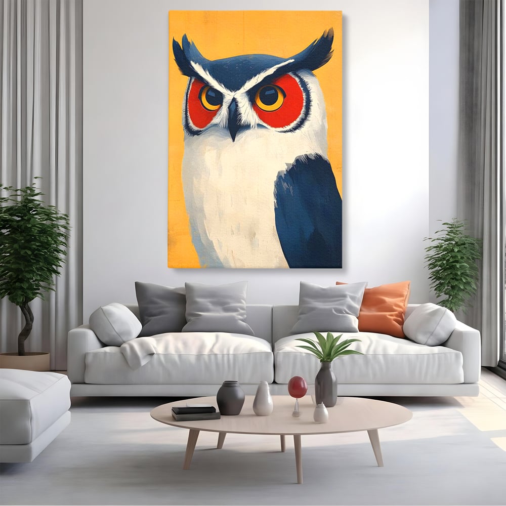 Tablou Canvas Premium, LuxCanva® M1081, Profet in Mantie Albastra, Ochi, Privire, Portret, Bufnita, Pasare, Albastru, Mantie, Nocturn, Regal, Calm, Birou, Living, Camera Copil