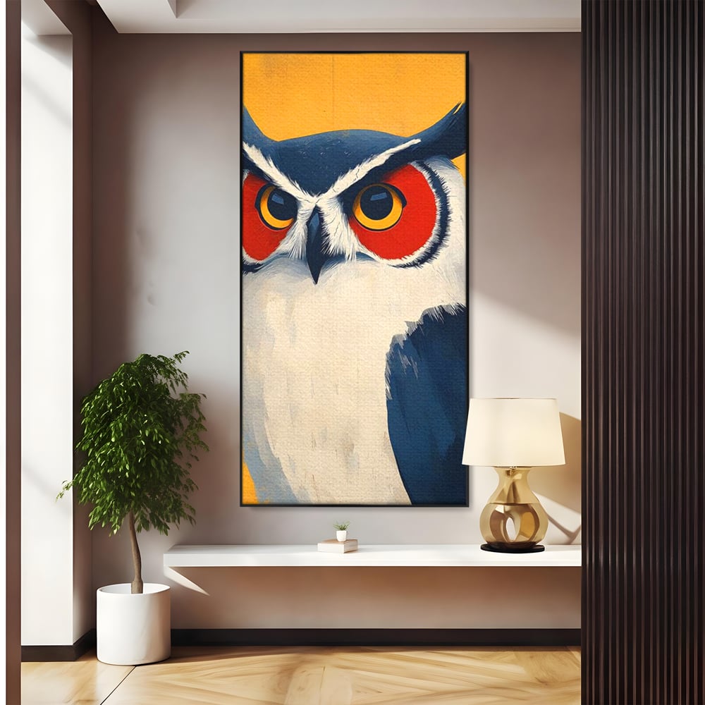 Tablou Canvas Premium, LuxCanva® M1081, Profet in Mantie Albastra, Ochi, Privire, Portret, Bufnita, Pasare, Albastru, Mantie, Nocturn, Regal, Calm, Birou, Living, Camera Copil