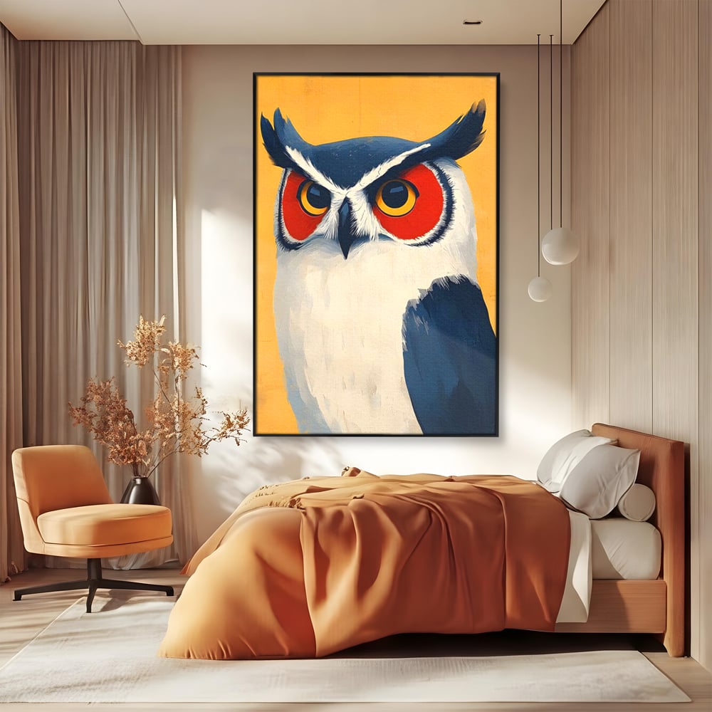 Tablou Canvas Premium, LuxCanva® M1081, Profet in Mantie Albastra, Ochi, Privire, Portret, Bufnita, Pasare, Albastru, Mantie, Nocturn, Regal, Calm, Birou, Living, Camera Copil
