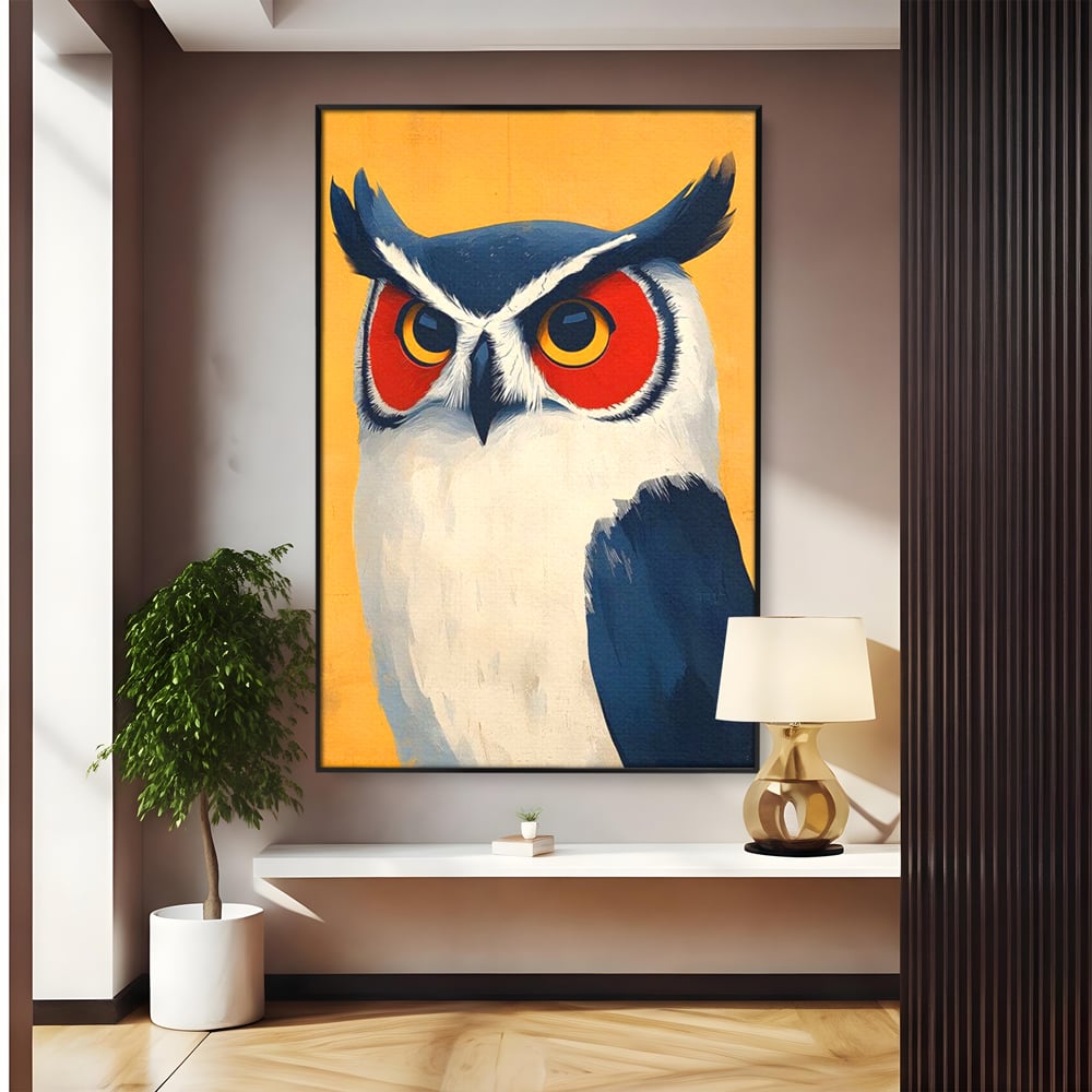 Tablou Canvas Premium, LuxCanva® M1081, Profet in Mantie Albastra, Ochi, Privire, Portret, Bufnita, Pasare, Albastru, Mantie, Nocturn, Regal, Calm, Birou, Living, Camera Copil