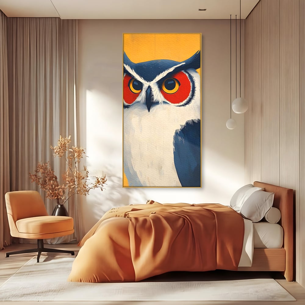 Tablou Canvas Premium, LuxCanva® M1081, Profet in Mantie Albastra, Ochi, Privire, Portret, Bufnita, Pasare, Albastru, Mantie, Nocturn, Regal, Calm, Birou, Living, Camera Copil