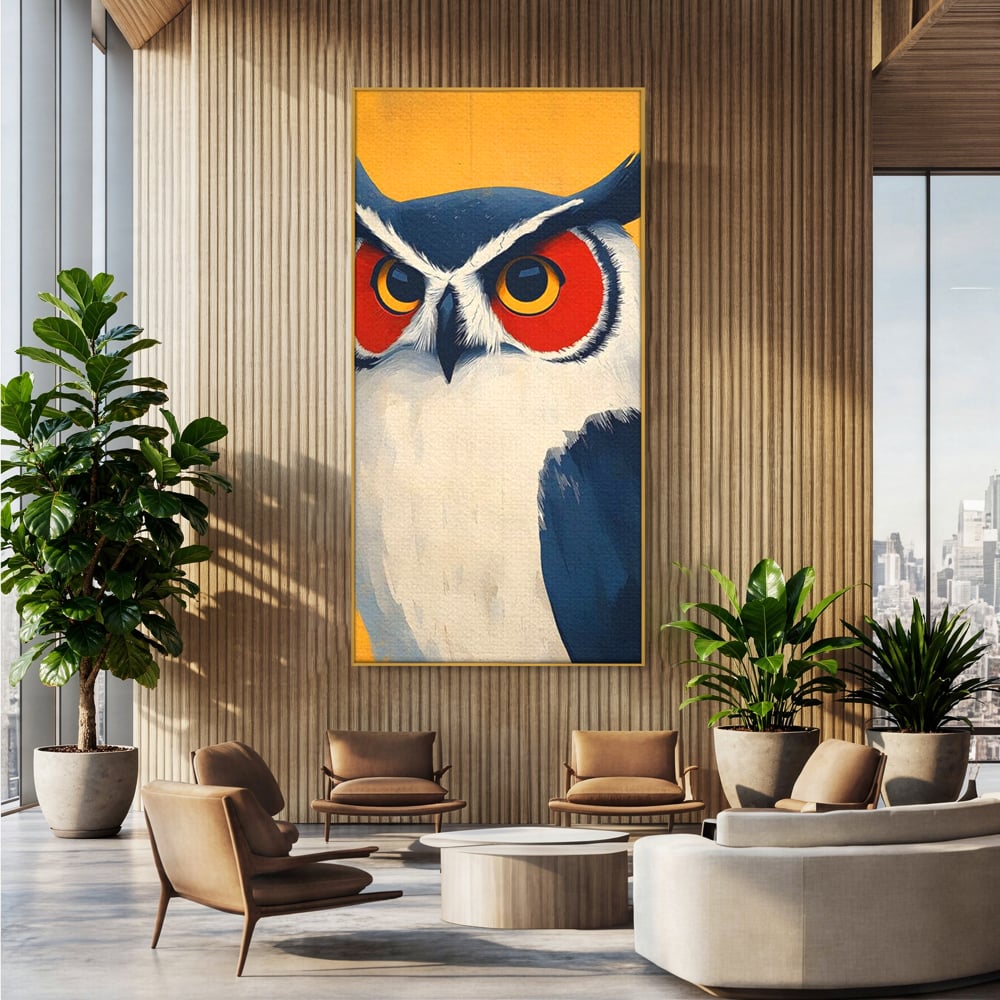 Tablou Canvas Premium, LuxCanva® M1081, Profet in Mantie Albastra, Ochi, Privire, Portret, Bufnita, Pasare, Albastru, Mantie, Nocturn, Regal, Calm, Birou, Living, Camera Copil