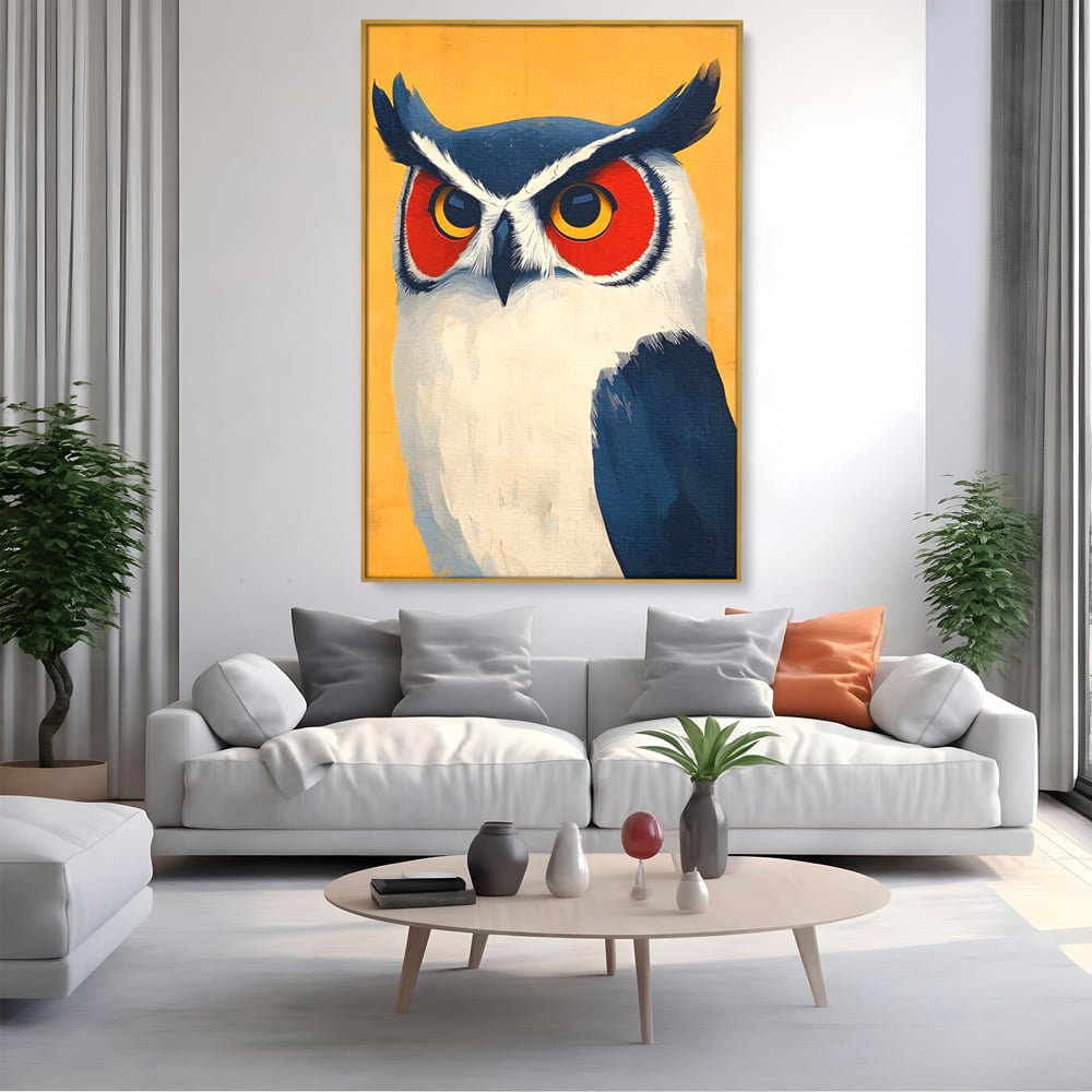 Tablou Canvas Premium, LuxCanva® M1081, Profet in Mantie Albastra, Ochi, Privire, Portret, Bufnita, Pasare, Albastru, Mantie, Nocturn, Regal, Calm, Birou, Living, Camera Copil