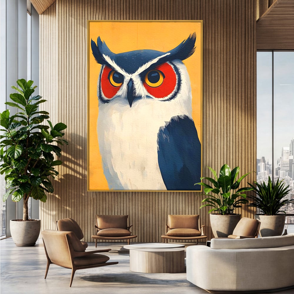 Tablou Canvas Premium, LuxCanva® M1081, Profet in Mantie Albastra, Ochi, Privire, Portret, Bufnita, Pasare, Albastru, Mantie, Nocturn, Regal, Calm, Birou, Living, Camera Copil
