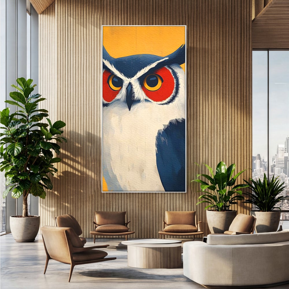 Tablou Canvas Premium, LuxCanva® M1081, Profet in Mantie Albastra, Ochi, Privire, Portret, Bufnita, Pasare, Albastru, Mantie, Nocturn, Regal, Calm, Birou, Living, Camera Copil