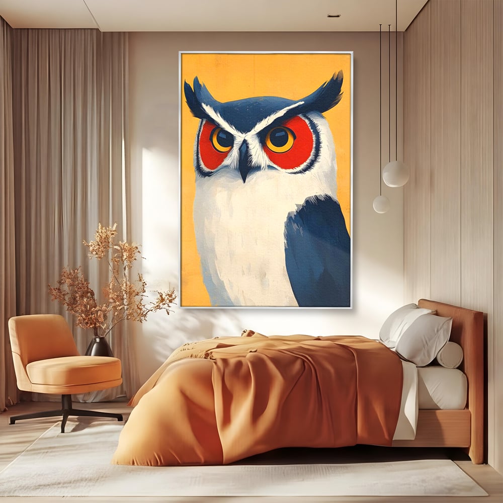 Tablou Canvas Premium, LuxCanva® M1081, Profet in Mantie Albastra, Ochi, Privire, Portret, Bufnita, Pasare, Albastru, Mantie, Nocturn, Regal, Calm, Birou, Living, Camera Copil