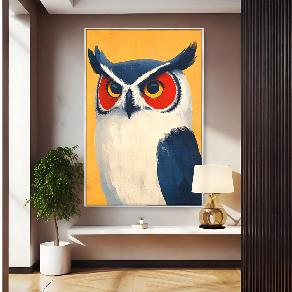 Tablou Canvas Premium, LuxCanva® M1081, Profet in Mantie Albastra, Ochi, Privire, Portret, Bufnita, Pasare, Albastru, Mantie, Nocturn, Regal, Calm, Birou, Living, Camera Copil