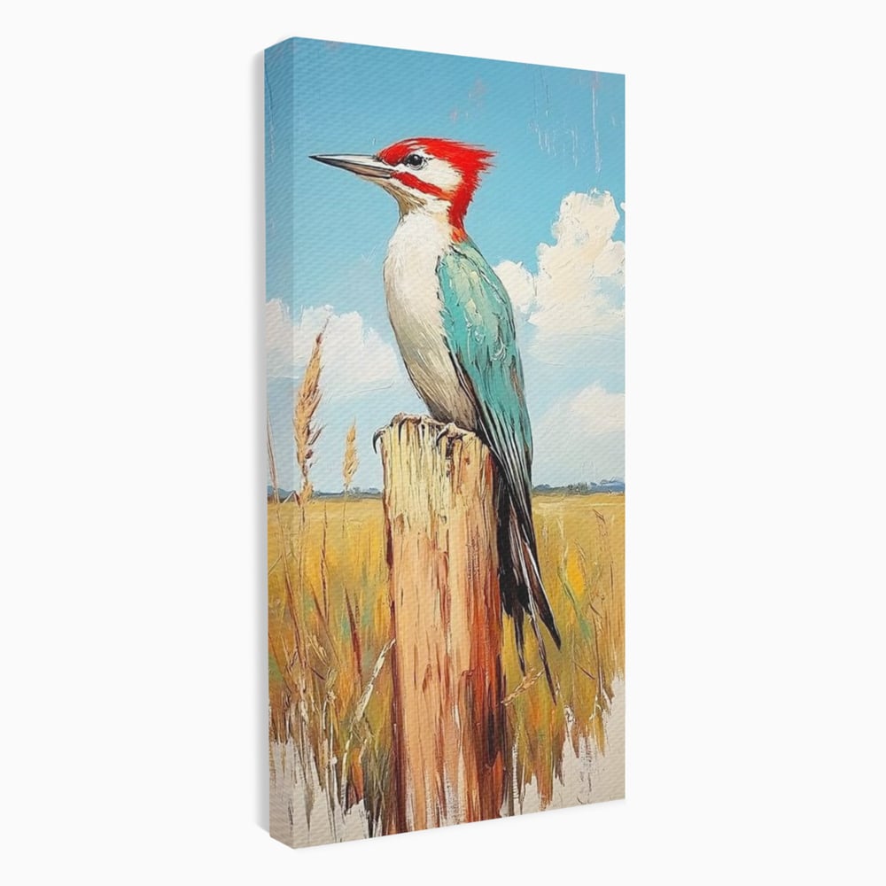 Leinwand Wandbilder Leinwand Premium, LuxCanva® M1082, Golden Camp Sentinel, Specht, Vogel, Campie, Rustikal, Rustikal, Fliegen, Vegetation, Grau, Lan, Natur, Pfahl, Büro, Wohnen, Kinderzimmer