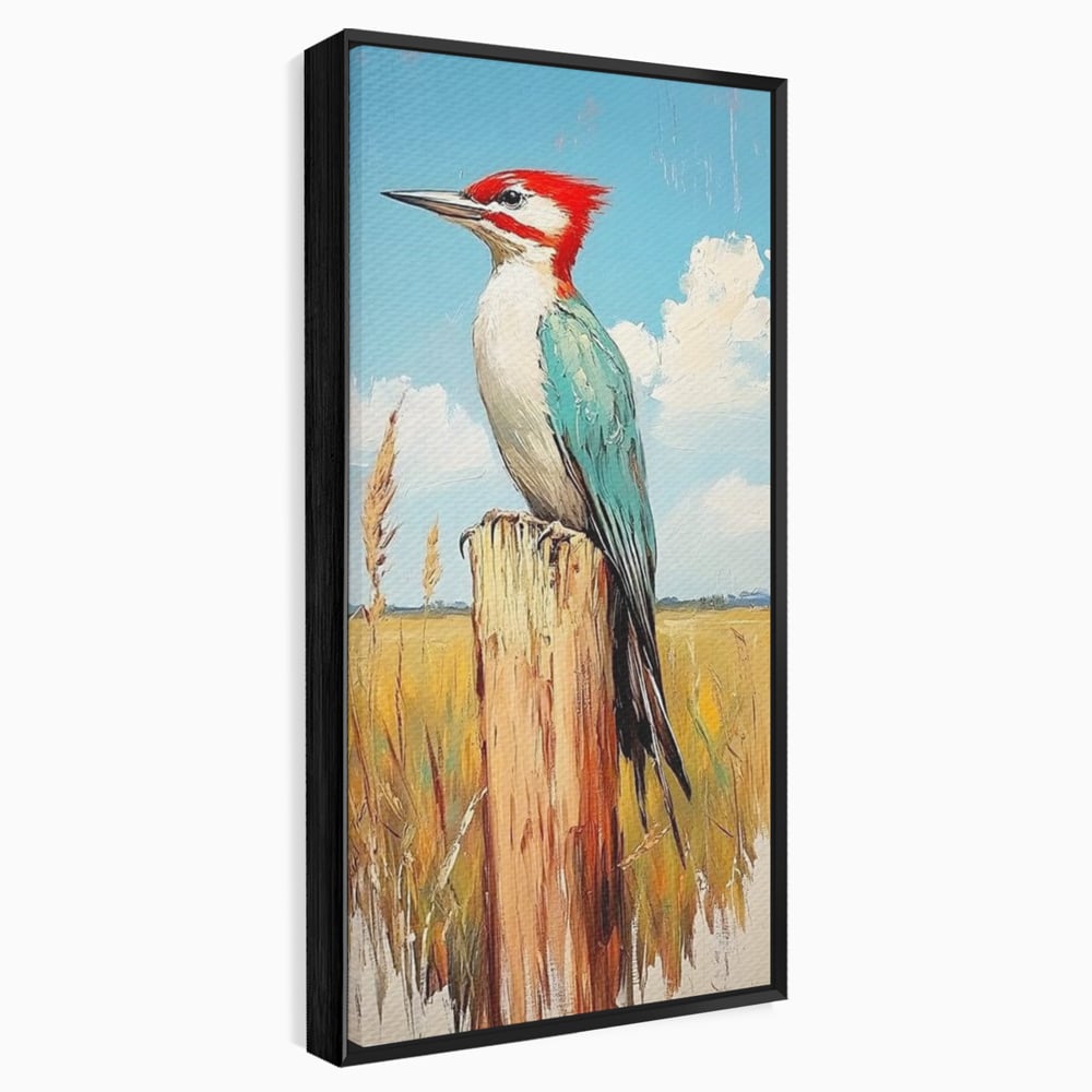 Leinwand Wandbilder Leinwand Premium, LuxCanva® M1082, Golden Camp Sentinel, Specht, Vogel, Campie, Rustikal, Rustikal, Fliegen, Vegetation, Grau, Lan, Natur, Pfahl, Büro, Wohnen, Kinderzimmer