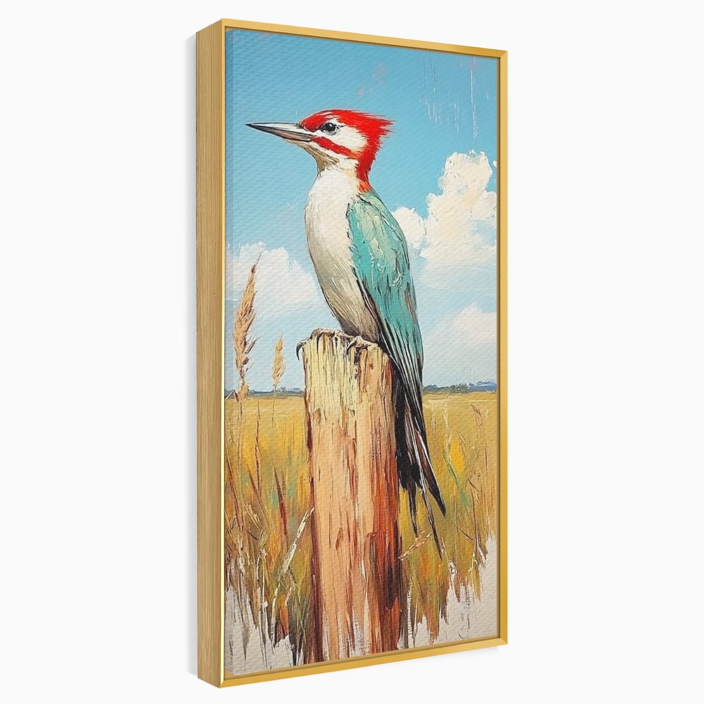 Leinwand Wandbilder Leinwand Premium, LuxCanva® M1082, Golden Camp Sentinel, Specht, Vogel, Campie, Rustikal, Rustikal, Fliegen, Vegetation, Grau, Lan, Natur, Pfahl, Büro, Wohnen, Kinderzimmer
