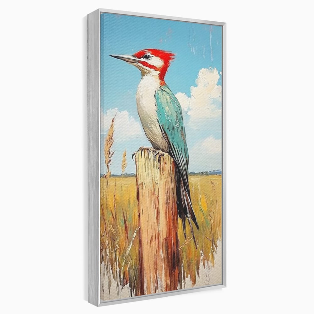 Leinwand Wandbilder Leinwand Premium, LuxCanva® M1082, Golden Camp Sentinel, Specht, Vogel, Campie, Rustikal, Rustikal, Fliegen, Vegetation, Grau, Lan, Natur, Pfahl, Büro, Wohnen, Kinderzimmer