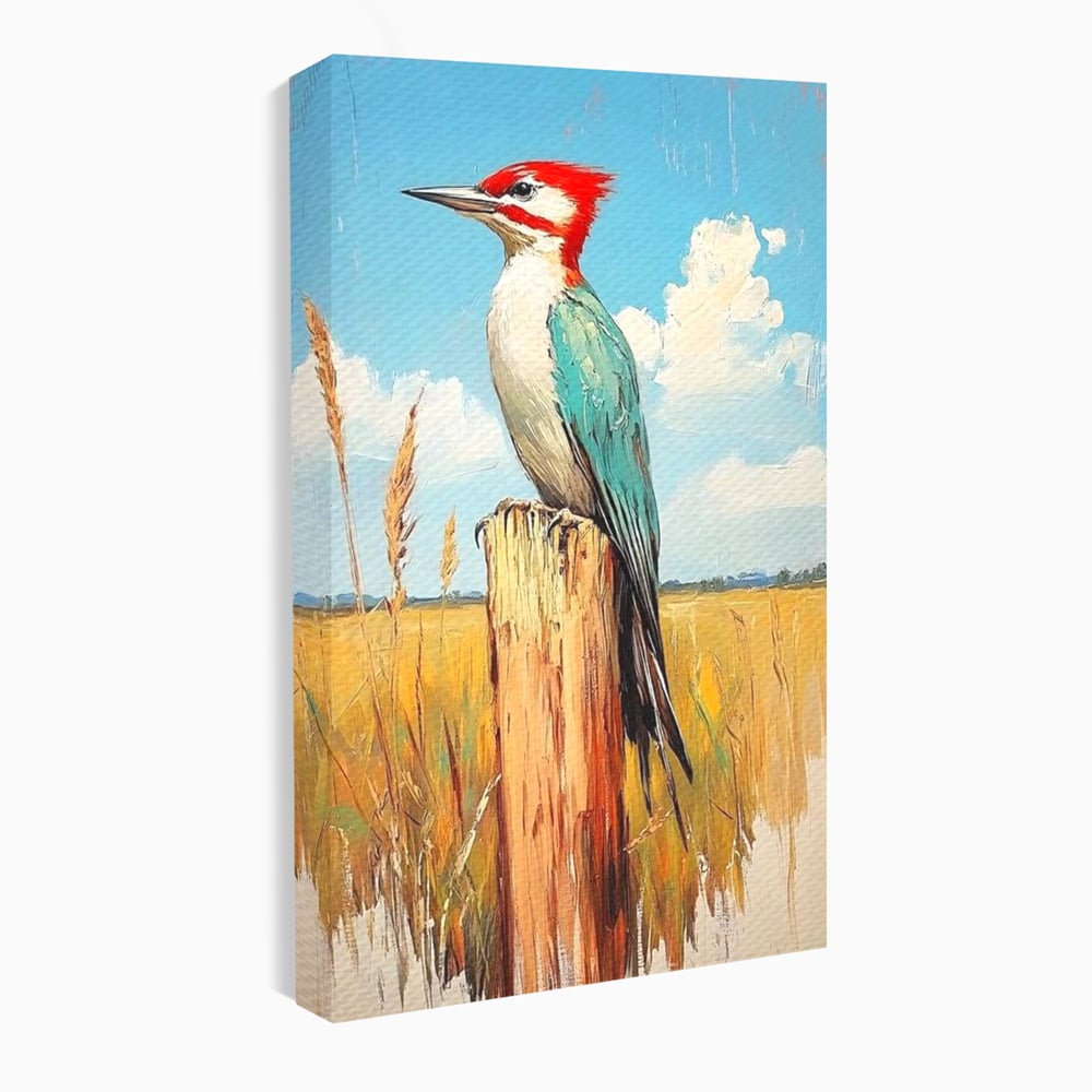 Leinwand Wandbilder Leinwand Premium, LuxCanva® M1082, Golden Camp Sentinel, Specht, Vogel, Campie, Rustikal, Rustikal, Fliegen, Vegetation, Grau, Lan, Natur, Pfahl, Büro, Wohnen, Kinderzimmer