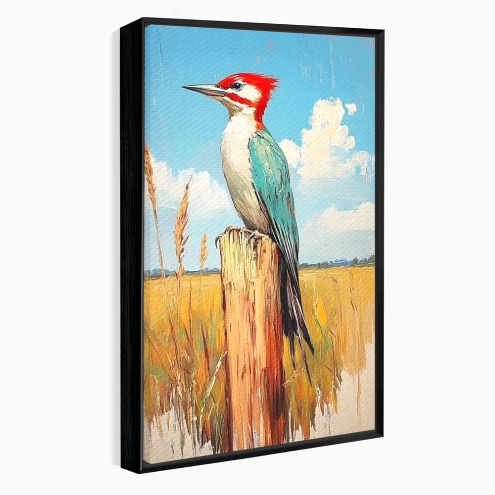 Leinwand Wandbilder Leinwand Premium, LuxCanva® M1082, Golden Camp Sentinel, Specht, Vogel, Campie, Rustikal, Rustikal, Fliegen, Vegetation, Grau, Lan, Natur, Pfahl, Büro, Wohnen, Kinderzimmer