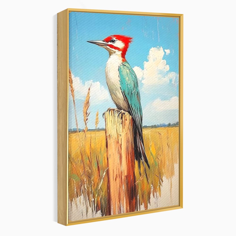 Leinwand Wandbilder Leinwand Premium, LuxCanva® M1082, Golden Camp Sentinel, Specht, Vogel, Campie, Rustikal, Rustikal, Fliegen, Vegetation, Grau, Lan, Natur, Pfahl, Büro, Wohnen, Kinderzimmer