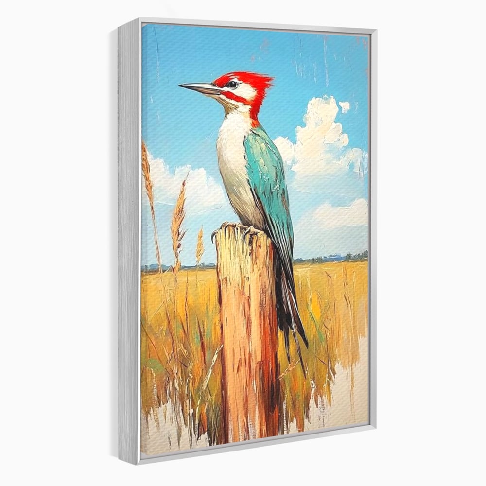 Leinwand Wandbilder Leinwand Premium, LuxCanva® M1082, Golden Camp Sentinel, Specht, Vogel, Campie, Rustikal, Rustikal, Fliegen, Vegetation, Grau, Lan, Natur, Pfahl, Büro, Wohnen, Kinderzimmer