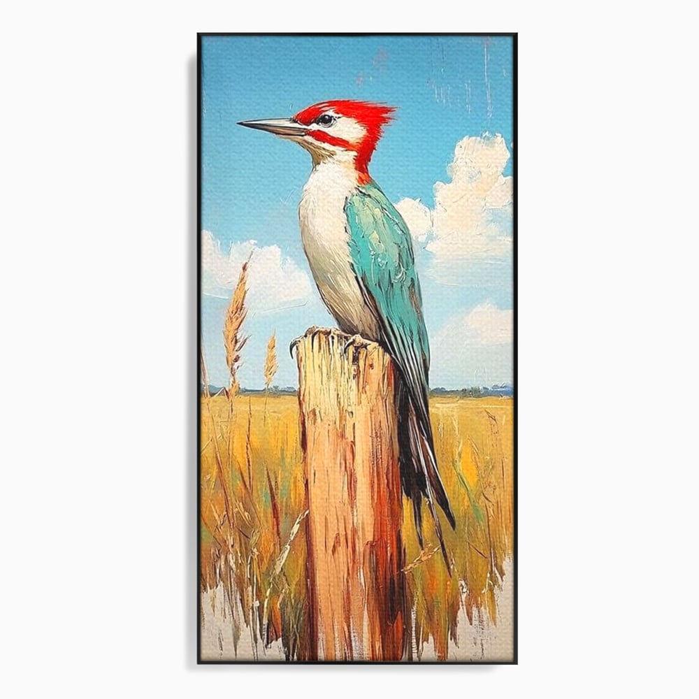 Leinwand Wandbilder Leinwand Premium, LuxCanva® M1082, Golden Camp Sentinel, Specht, Vogel, Campie, Rustikal, Rustikal, Fliegen, Vegetation, Grau, Lan, Natur, Pfahl, Büro, Wohnen, Kinderzimmer